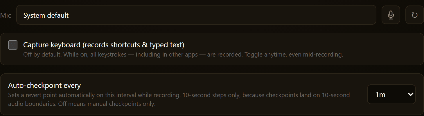 The desktop agent's controls: a microphone selector, a Capture keyboard checkbox that is off by default, and an auto-checkpoint interval.