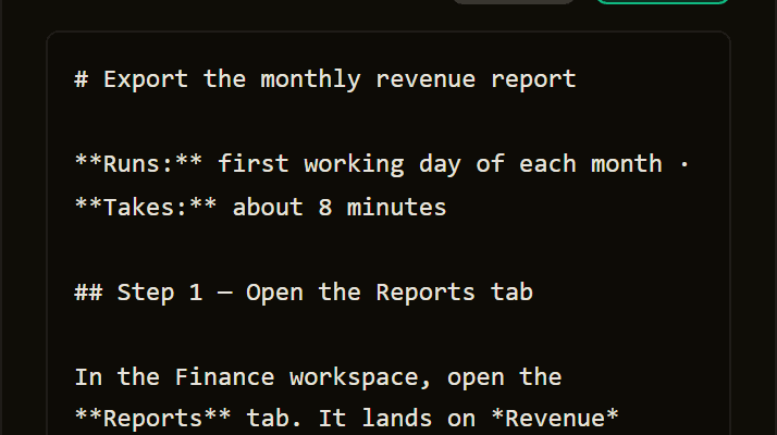 The SOP's Markdown source in the console editor — an H1 title, bold Runs and Takes fields, and an H2 step heading.