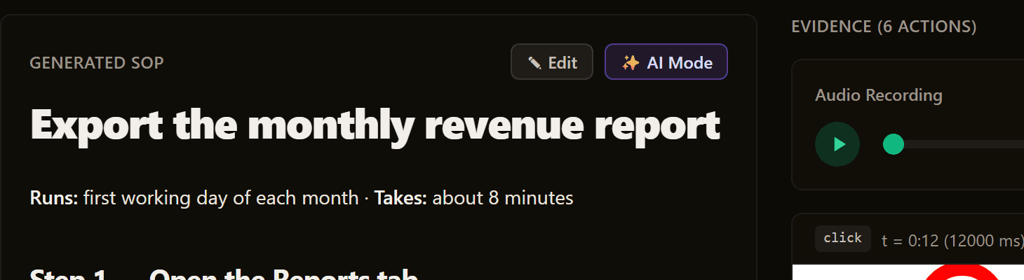 The review console's two panels side by side: Generated SOP with Edit and AI Mode buttons on the left, Evidence and the recording's audio player on the right.