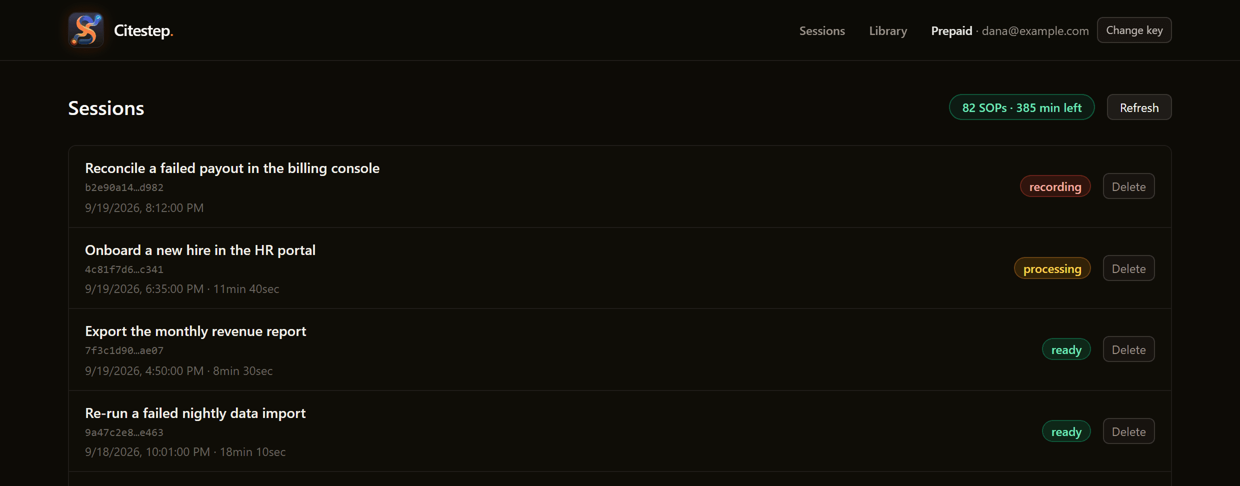 The Citestep sessions list: five recordings with their titles, timestamps and status — recording, processing, ready, needs review.