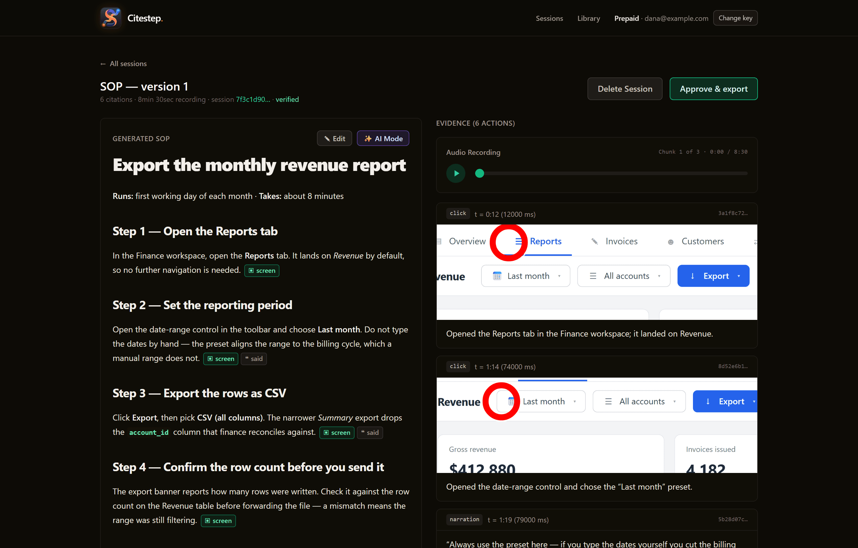 The Citestep review console: a generated SOP on the left, each step ending in a green citation chip, and the evidence panel on the right showing the narration and the ringed screenshot each step was drawn from.